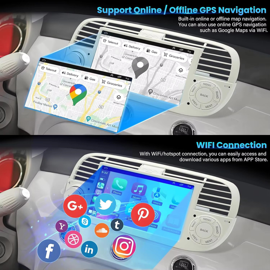 XFY Android 14 Autoradio mit Wireless CarPlay für FIAT 500 Abarth 2007 bis 2015, 2Din Multimedia-Bildschirm mit GPS, Bluetooth und Wi-Fi in Schwarz und Silber - Bild 4