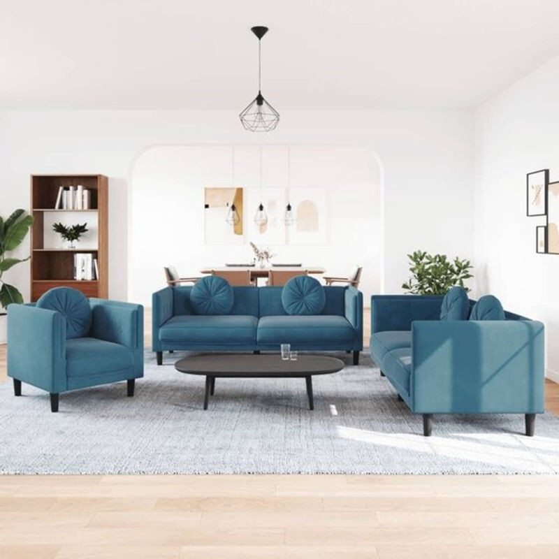 3-tlg. moderne Sofagarnitur mit Kissen aus Samt in Blau von vidaxl - Bild 1