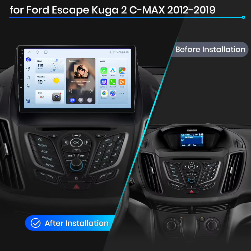 Junsun Wireless CarPlay und Android Auto Autoradio für Ford Kuga Mk2 (C520) und C-MAX Mk2 (C344) 2012-2019 in Schwarz mit GPS, WiFi, Bluetooth und integriertem Lüfter - Bild 2