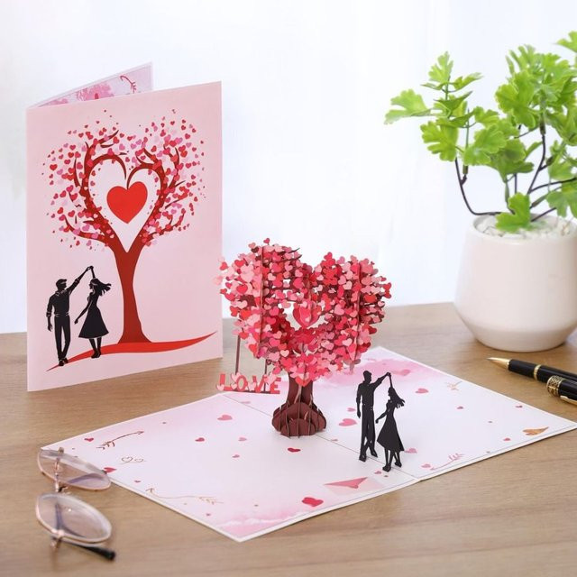 Elegante 3D-Herz-Baum-Grußkarte in Pink mit Umschlag als faltbare Hochzeits- und Liebespostkarte aus Papier - Bild 1