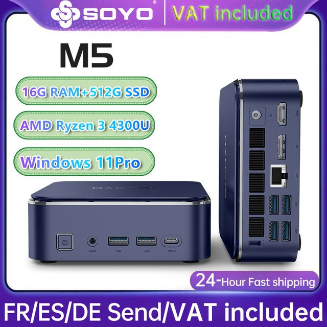 SOYO M5 Mini-PC mit AMD Ryzen 4300U, 16GB LPDDR4, 512GB SSD, Windows 11 Pro, 4K Dreifachbildschirm-Unterstützung und Wi-Fi/Bluetooth für Multimedia - Bild 1