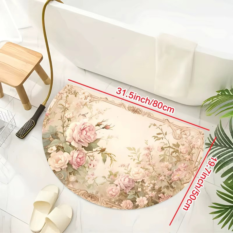 VIKAMA Flanell-Bodenmatte mit floralem Design, halbrund, Farbe: Hellrosa und Beige, B/T: 60,0 x 40,0 cm - Bild 3