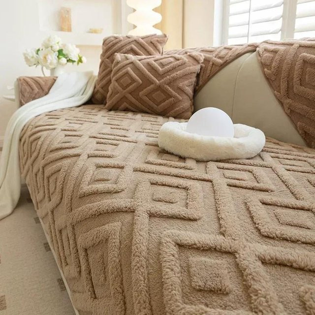 Einfarbiger Jacquard Plüsch Sofabezug für Kissen, Beige, B/H: 45 x 45 cm - Bild 1