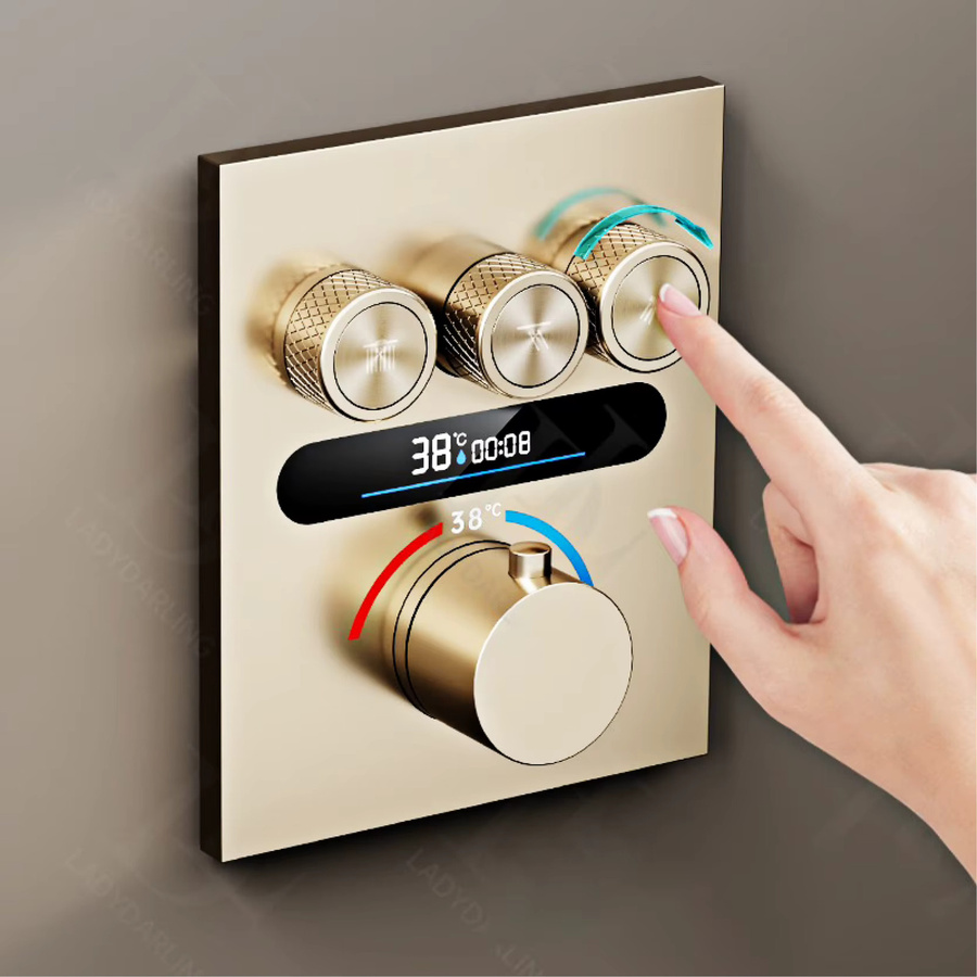 Gestana Luxuriöses Messing-Duschsystem in Gebürstetem Gold mit LED-Digitalanzeige und Deckeneinbau-Badarmatur - Bild 1
