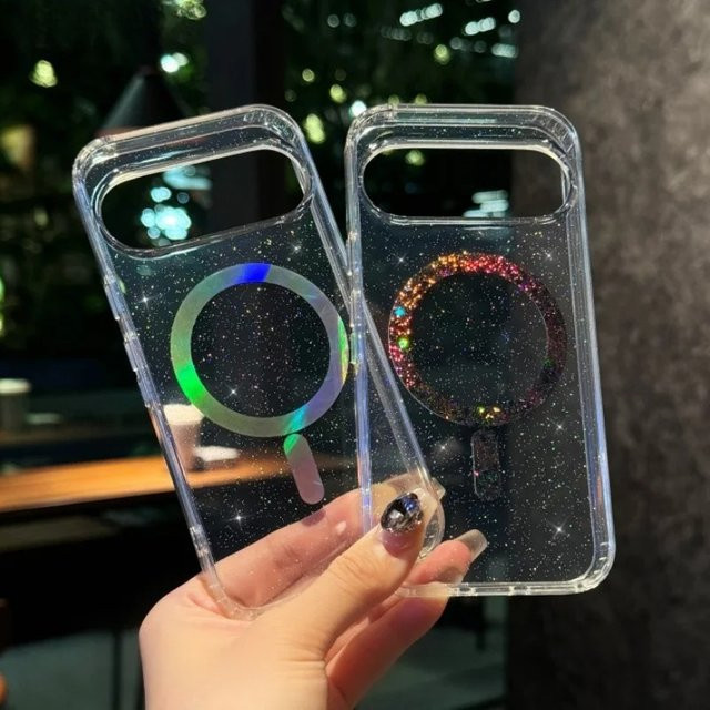 Stoßfeste Glitzer-Stern-Handyhülle für Google Pixel 10, 9, Pro XL 9, 8 und A Pro in Transparent mit magnetischer kabelloser Aufladung - Bild 1