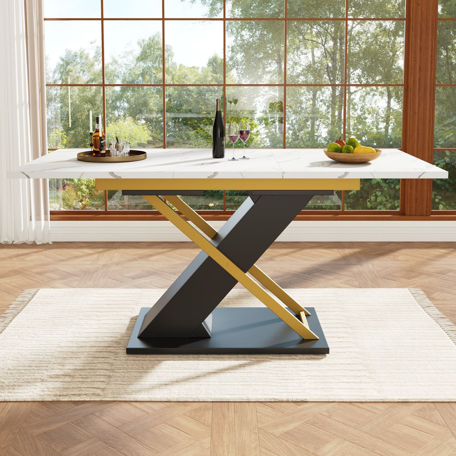 Ausziehbarer Esstisch mit X-Frame Beinen in Weiß und Schwarz für Küche und Wohnzimmer, B/T/H: 120-160 x 80 x 75,4 cm - Bild 2