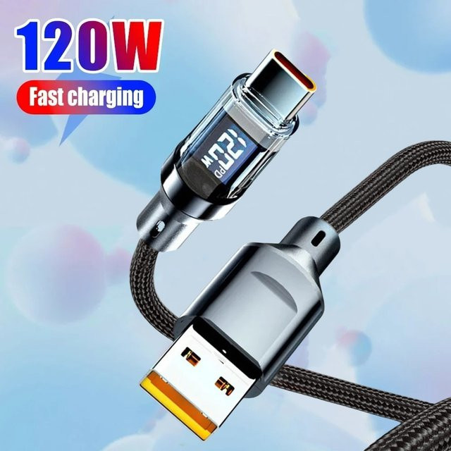 USB A auf Typ C Schnellladekabel mit 120 W Leistung und LED-Digitalanzeige in Schwarz - Bild 1