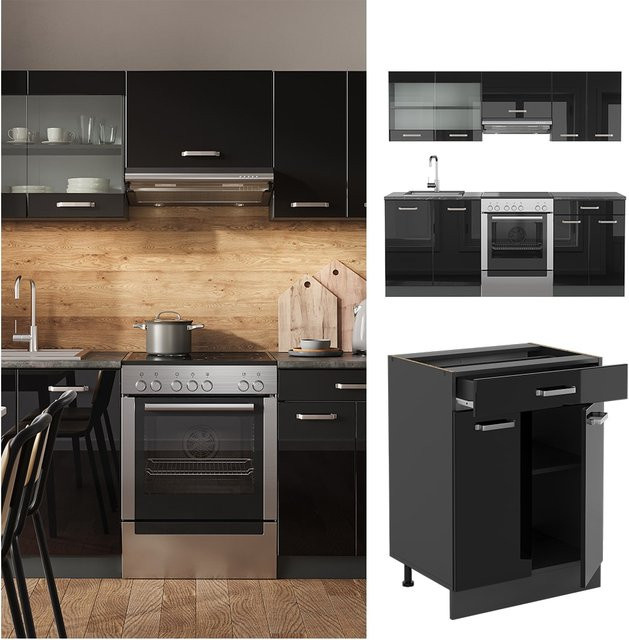 Vicco Küchenzeile R-Line Solid in Anthrazit und Schwarz, moderne Küchenmöbel mit Hochglanz-Finish, Breite: 200 cm - Bild 1