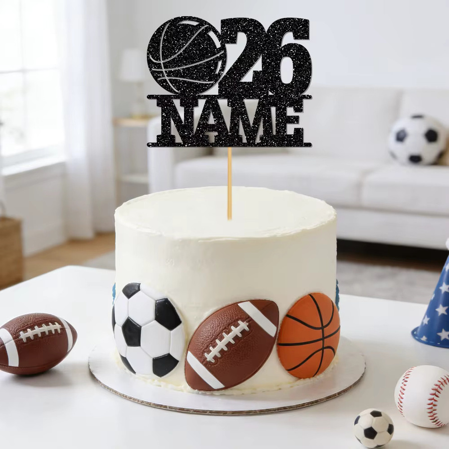 Personalisierter Kuchenaufsatz mit Glitzer-Design in Fußball- und Basketball-Optik, individuell mit Name und Alter für deine Geburtstagsparty, Mehrfarbig - Bild 3
