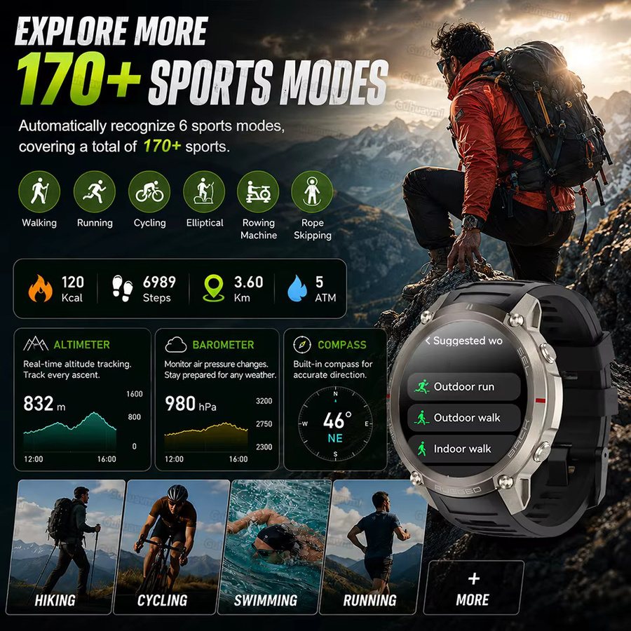 GUHUAVMI Militär-GPS-Smartwatch für Outdoor-Abenteuer mit Offline-Karten, 5ATM Wasserdicht, Kompass, Barometer und HD-Anruf Funktion in Schwarz - Bild 4