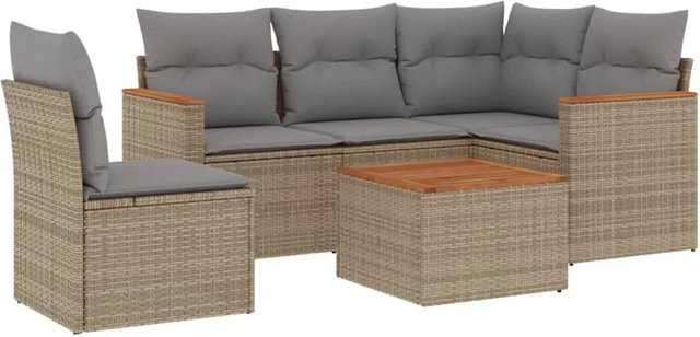 vidaXL 6-teilige Garten-Sofagarnitur aus Poly-Rattan und Akazienholz in Beige mit Kissen - Bild 1