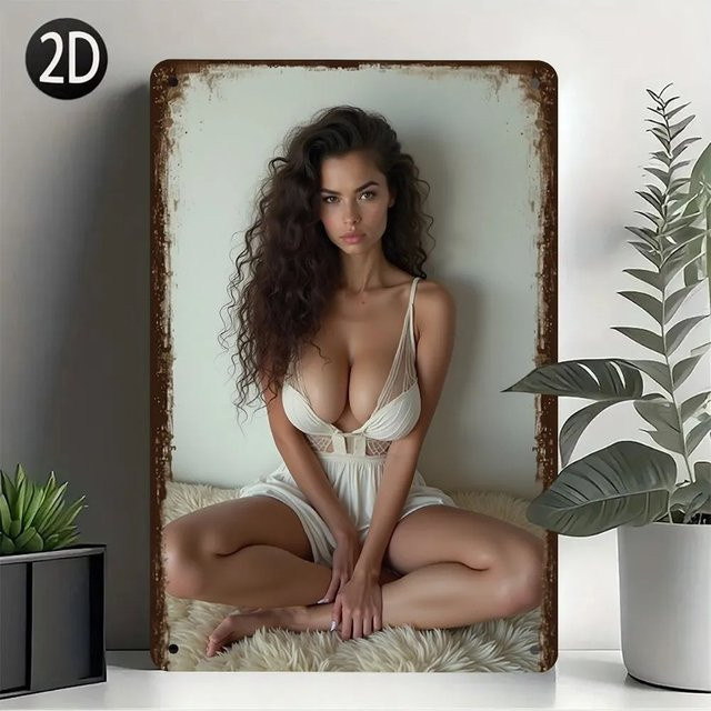 HELLOYOUNG Retro Wandschild aus Aluminium in Weiß mit Vintage Badeanzug-Schönheitsposter für Bar und Café - Bild 1