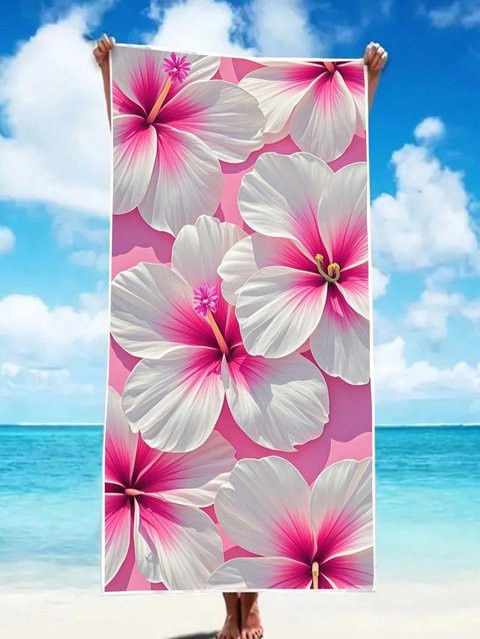 Strandtuch mit Hortensien-Print von JMG Household Supplies, pinkes Mikrofaser-Handtuch, sandabweisend und schnelltrocknend, B/B: 120 x 180 cm - Bild 1
