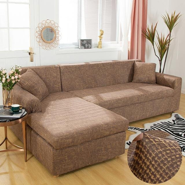 S-EMIGA L-förmiger Ecksofabezug aus elastischem Polyester mit geometrischem Design in Braun, Stretch-Schonbezug für 4-Sitzer, Breite: 235-300 cm - Bild 1