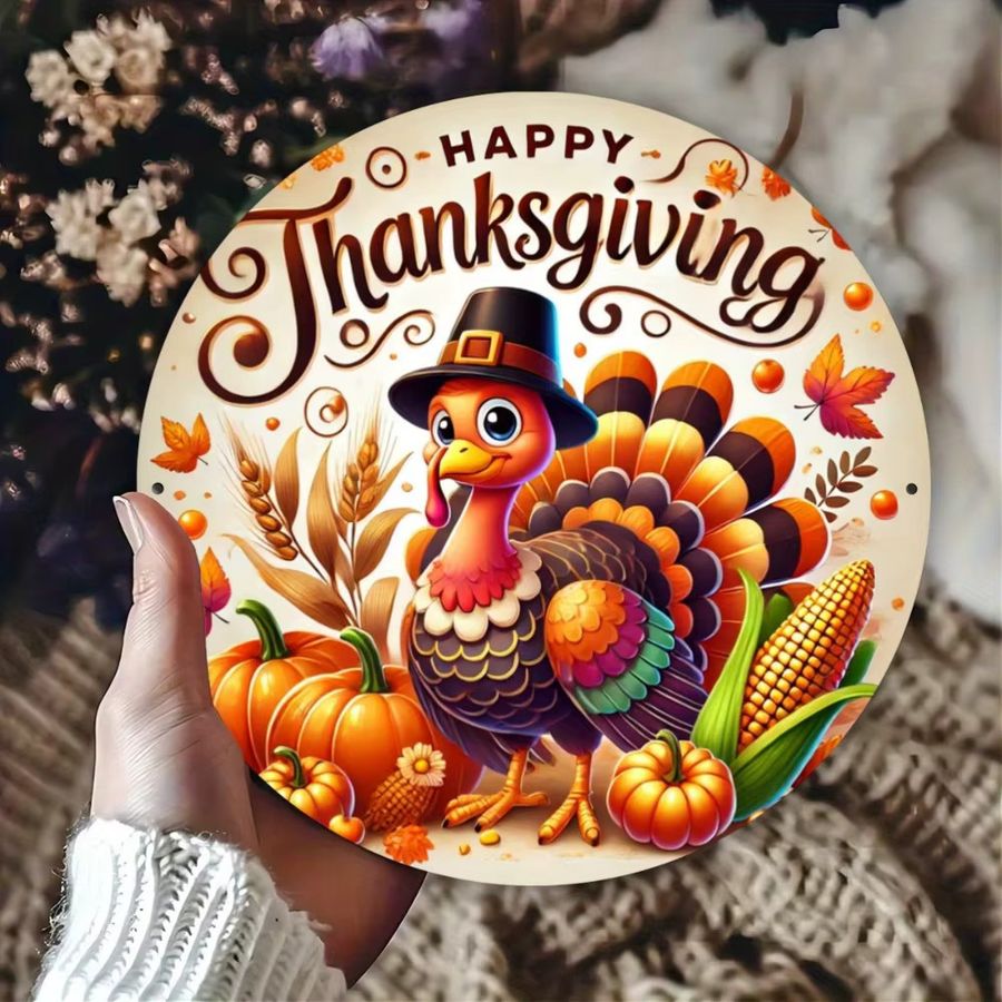 HELLOYOUNG Metallschild Thanksgiving Turkey rund aus Eisen in Multicolor zur Wanddekoration - Bild 4