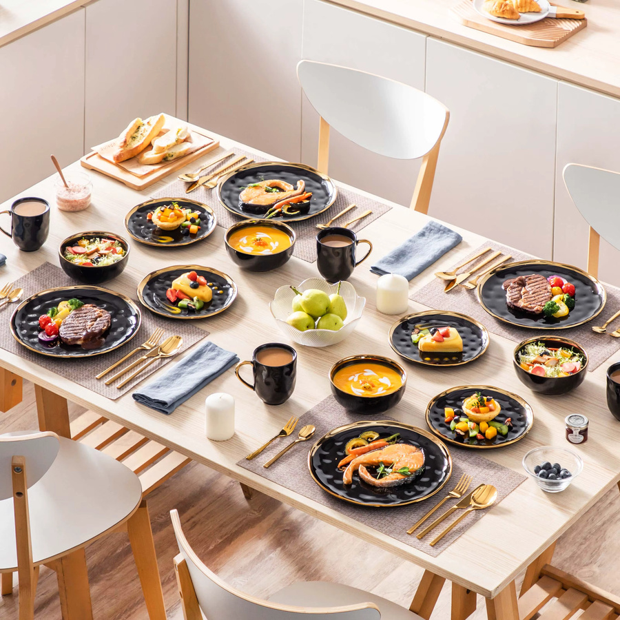 LOVECASA Geschirrset aus schwarzem Porzellan mit Goldverkleidung, Keramik-Set bestehend aus Tellern, Desserttellern, Tassen und Schüsseln - Bild 5