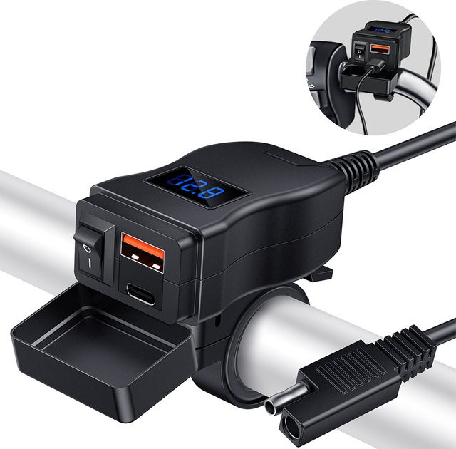 Wasserdichtes Motorrad USB Schnellladegerät mit USB Typ C, 12V Netzteil Adapter und Voltmeter in Schwarz oder Blau - Bild 1