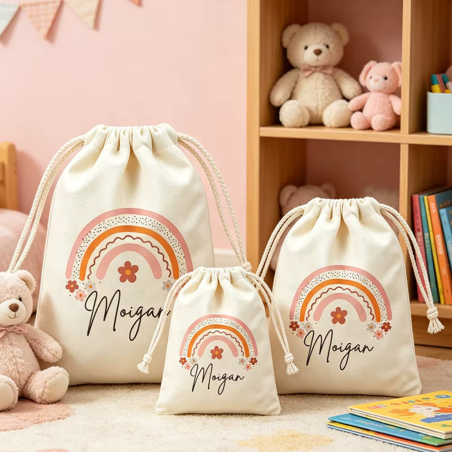 Anpassbarer Aufbewahrungsbeutel mit Namen im Boho-Regenbogen-Design von WEIGAO, Mehrfarbig, Textil mit Kordelzug für Reisen und Babypartys - Bild 2
