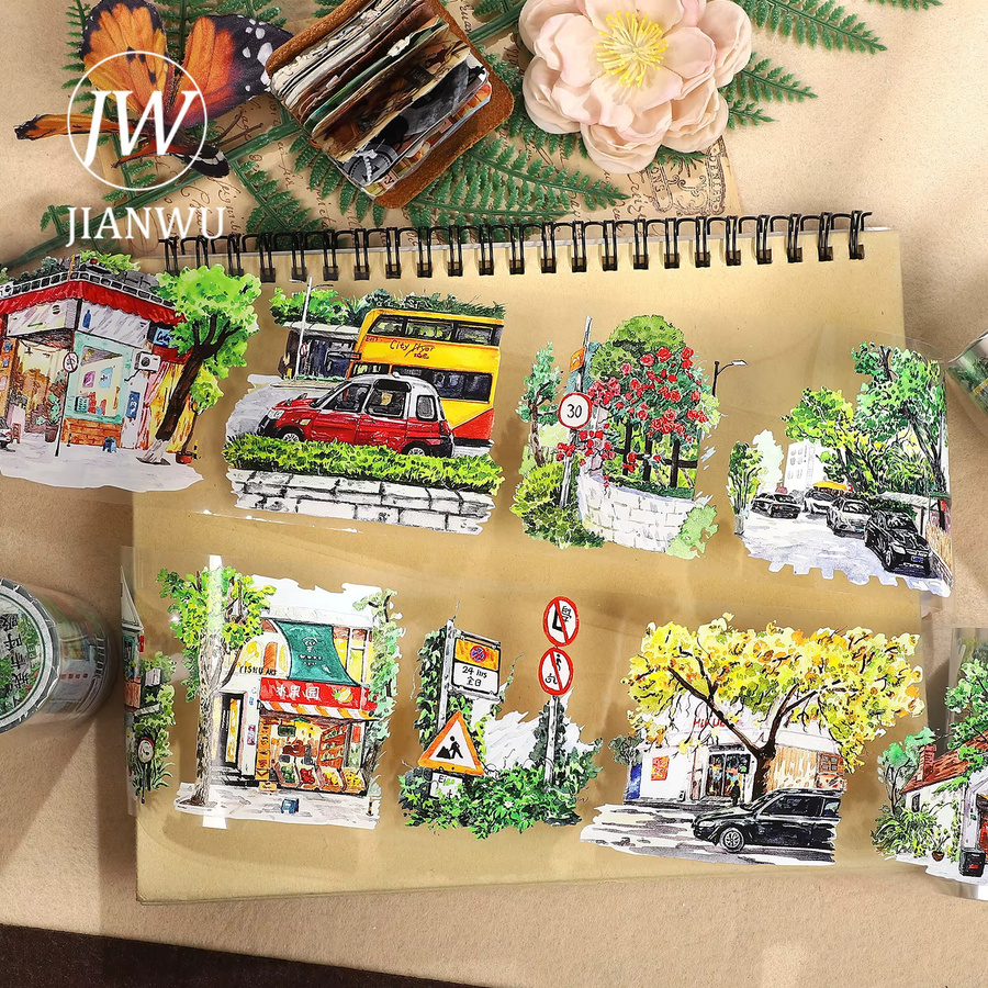 JIANWU PET Klebeband Vintage City Breath Plant Landscape für Scrapbooking und DIY Journaling, Mehrfarbig, Breite: 7 cm, Länge: 5 m - Bild 2