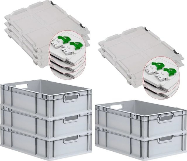 PROREGAL SuperSparSet 5x Eurobox NextGen Grip mit Scharnierdeckel und grünen Schiebeschnappverschlüssen, Grau, H x B x T: 17 x 40 x 60 cm, 34 Liter - Bild 1