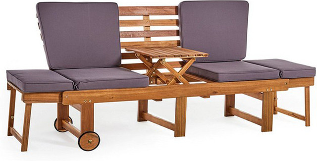 Multifunktionsbank Rügen von HC Garten & Freizeit aus massivem Akazienholz in Braun mit Rollen, Armlehnen und Seitentisch, B/T/H: 202 x 65,5 x 87 cm - Bild 1