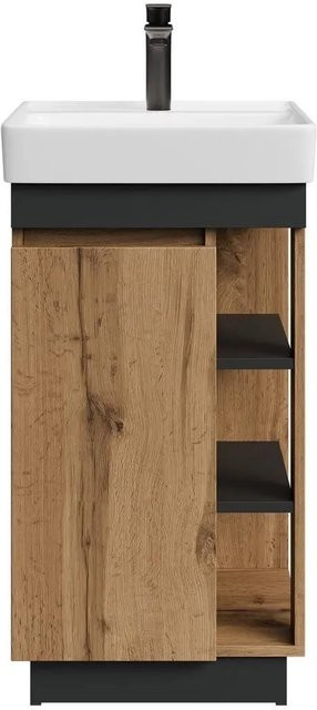 Planetmöbel Badmöbel Set NYX Wotan Eiche Anthrazit mit Waschbecken und Armatur Matt Schwarz Breite: 50 cm - Bild 1