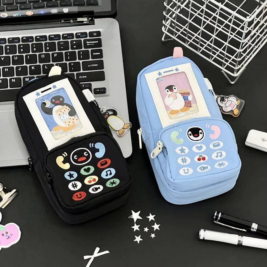 Schreibwarentasche aus Leinwand mit Pinguin-Stickerei in Schwarz mit großem Fassungsvermögen und Telefonform - Bild 1