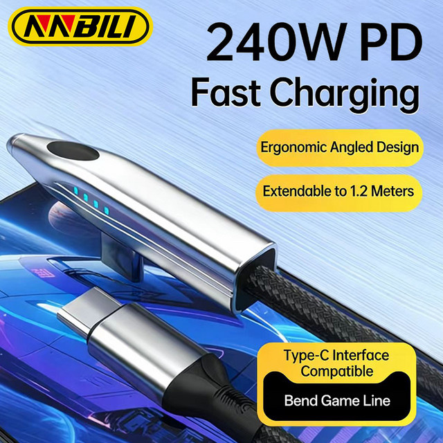 NNBILI 90-Grad USB-C auf Typ-C Gaming-Ladekabel mit 240W PD Schnellladefunktion, USB-A auf USB-C, Farbe: Silber - Bild 1