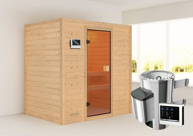 Karibu Massivholzsauna Selena aus Fichte in Natur mit 3,6 kW Ofen und externem Steuergerät B/T: 195 x 145 cm - Bild 1