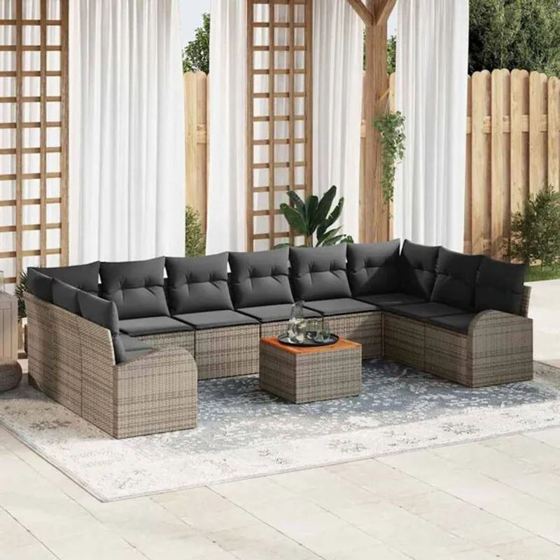 Modernes Garten-Sofa-Set aus Polyrattan und Akazienholz in Grau von vidaXL, 11-teilige Loungemöbel-Garnitur - Bild 1