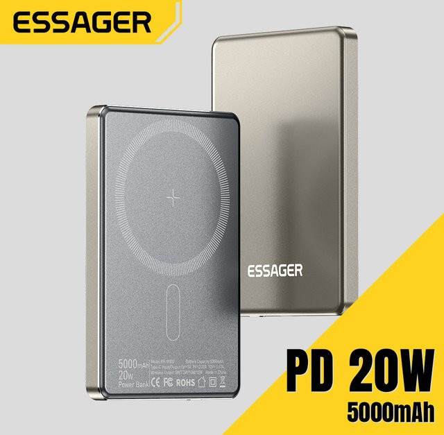 Essager Magnetische Powerbank mit 5000 mAh und 20 W Schnellladung für MagSafe, kabellose externe Akku für iPhone 15 14 13 12 in Schwarz oder Grau - Bild 1