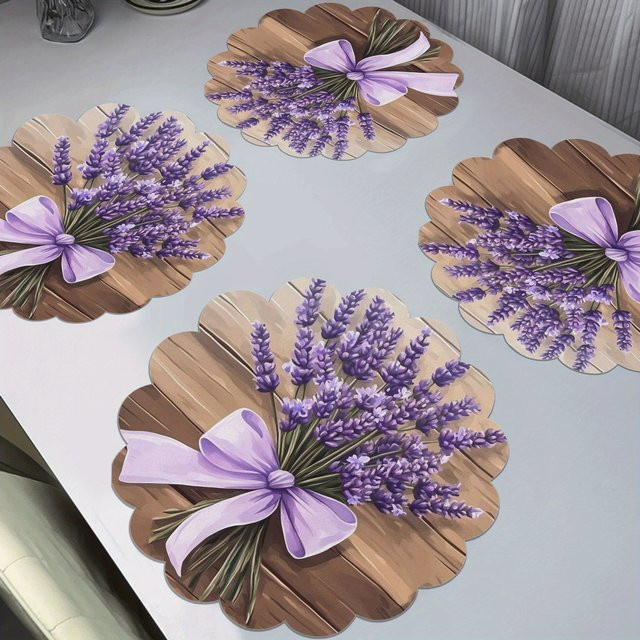 VIKAMA 4er Set Essensmatten im Landhausstil mit Lavendel-Design, rund, lila - Bild 1