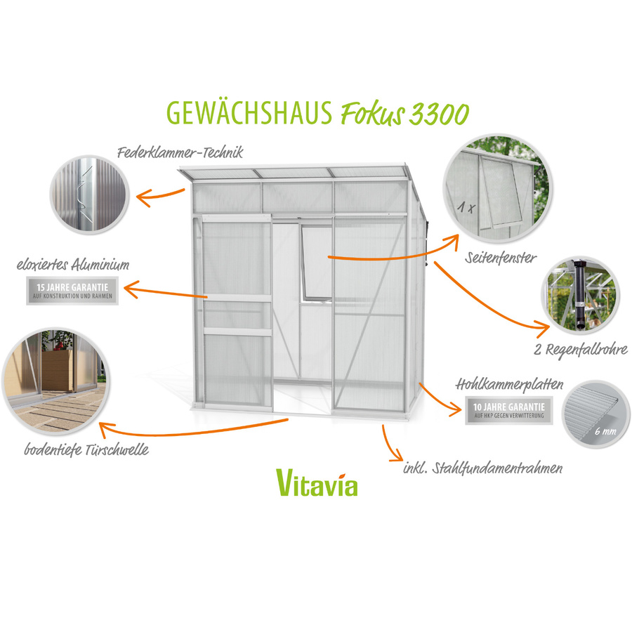 Vitavia Gewächshaus Fokus 3250 mit Stahlfundamentrahmen und Polycarbonat-Platten in Aluminium eloxiert, 2,5 m² - Bild 3