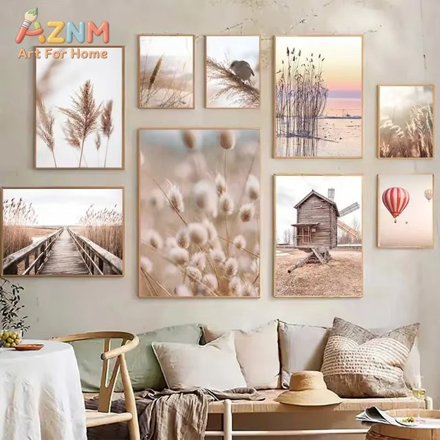 Potdemiel Wandkunst Poster Beige Landschaft Leinwanddruck mit Fahrrad Heißluftballon Orchidee und Löwenzahn im Skandinavischen Stil - Bild 1