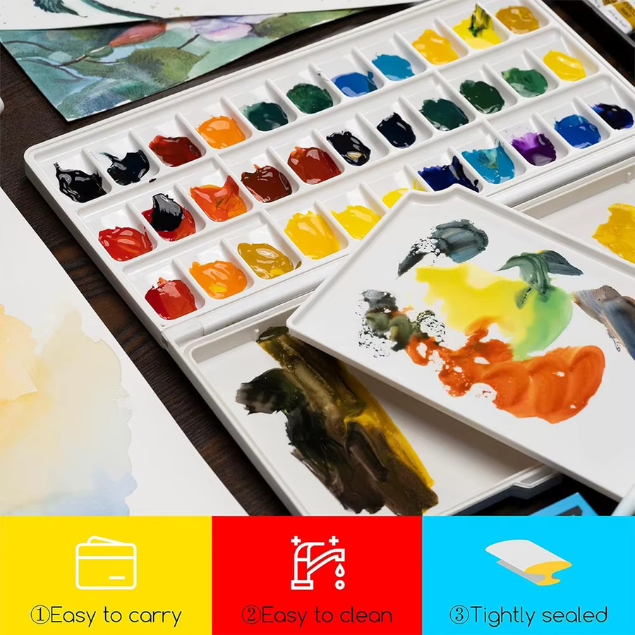 Luftdichte Aquarellpalette aus Kunststoff mit Deckel und großem Mischtablett in Blau und Weiß - Bild 3
