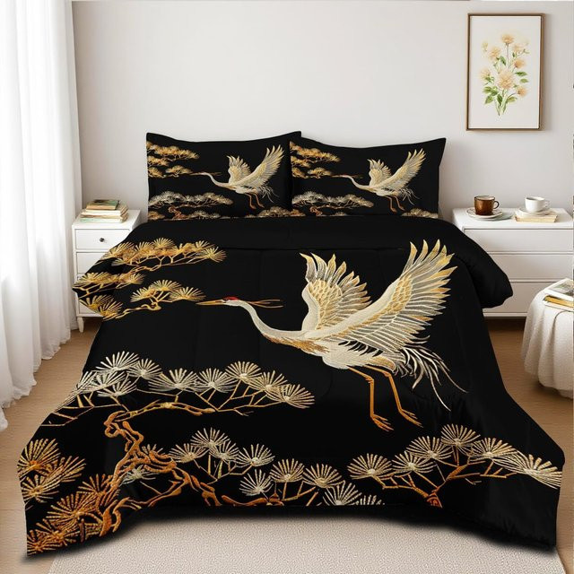 Bettwäsche Set Chinoiserie Design mit Kiefer und Kranich in Schwarz Gold und Weiß, Bettbezug und Kissenbezug aus Mikrofaser, King Size, Breite: 240 cm, Höhe: 210 cm - Bild 1