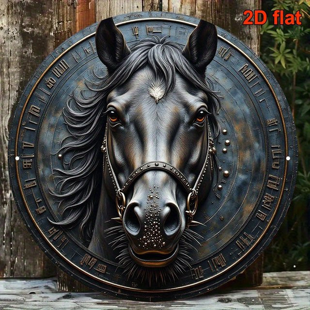 CIFBUY Vintage-Wandschild aus Metall mit schwarzem Pferdekopf, runde Metallplakette für Wanddekoration, Durchmesser: 20 cm - Bild 1