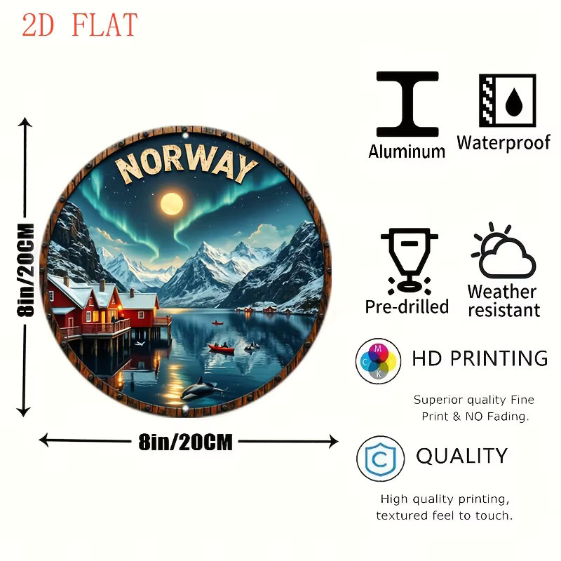 Potdemiel Wandkunst Norwegen Nordlichter Metallschild Skandinavischer Stil, Durchmesser: 20,3 cm, Mehrfarbig - Bild 2