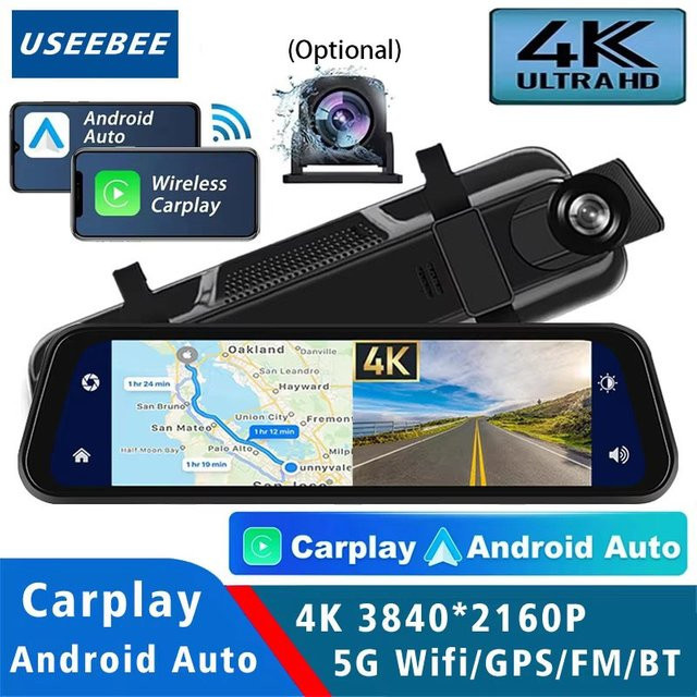 USEEBEE Dash Cam 4K UHD Rückspiegel mit Android Auto, Apple CarPlay, GPS und 5G WIFI in Schwarz - Bild 1