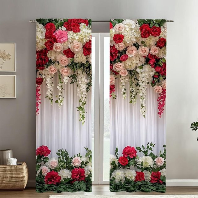 2er-Set hellblaue Blumen-Vorhänge von Trendy Accessorie mit floralem Muster, semi-transparent, B: 60 cm, H: 150 cm - Bild 1