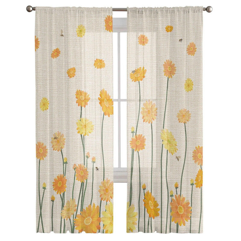 A Family Of Home Textiles Chiffon-Vorhang mit gelben Gänseblümchen und Bienen in Weiß, B/H: 135 x 114 cm - Bild 2