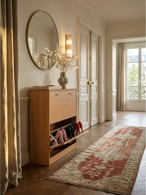 Schuhkipper KADIMA DESIGN aus Holz in Buche mit 2 Klappen und Ablage, Braun, B/T/H: 75 x 24 x 87 cm - Bild 1