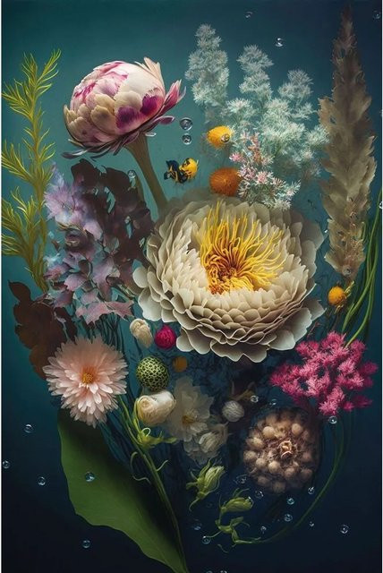 Art Universe Glasbild Water Flowers in Multicolour, Motiv Floral und Botanisch, Breite: 80 cm, Höhe: 120 cm - Bild 1