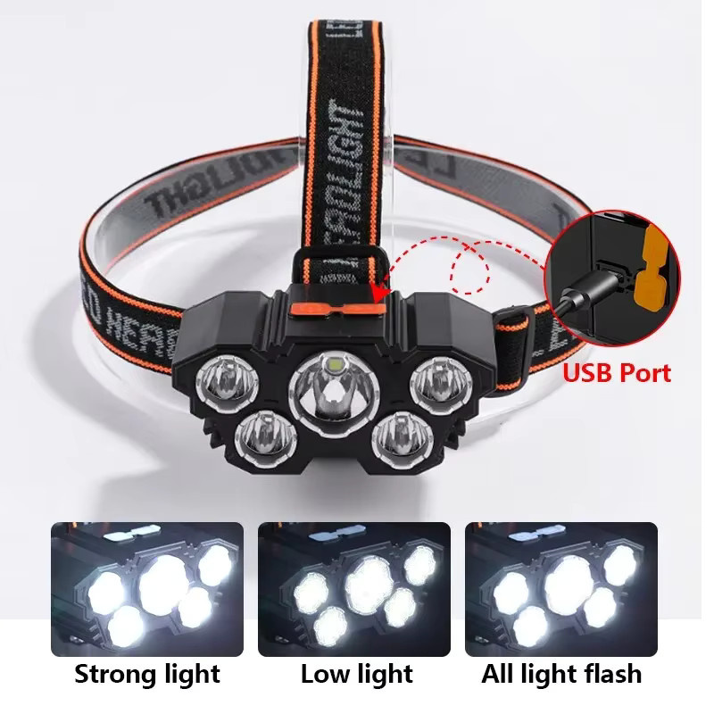 QHSPE Wiederaufladbare 5-LED-Stirnlampe in Schwarz mit integriertem 18650-Akku und einstellbarem Fokus - Bild 2