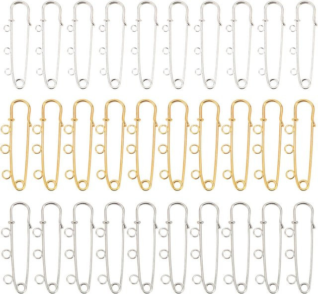 Neoglint 30 Stück Sicherheitsnadeln mit 3 Löchern als Schwerlast-Broschnadeln für DIY-Bastelarbeiten aus Metall in Gold, Weiß und Silber - Bild 1