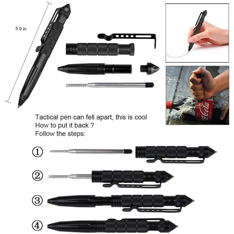 Taktischer Militärstift aus Edelstahl in Schwarz mit Wolfram-Glasbrecher und Nachfüllungen als EDC-Überlebenswerkzeug zur Selbstverteidigung - Bild 4