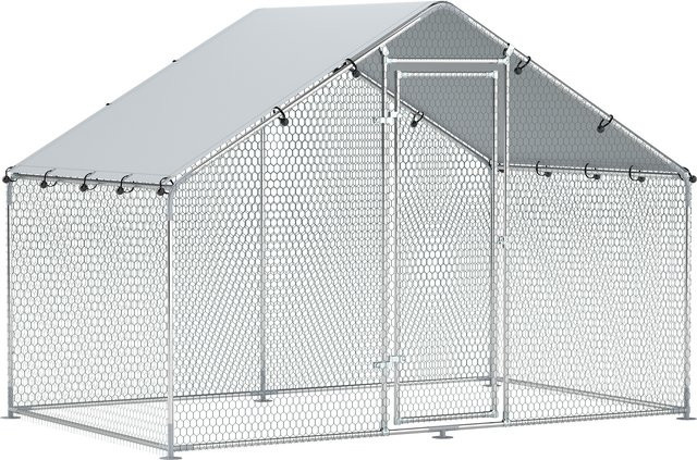 PawHut Hühnerstall Freilaufgehege mit Schloss und wasserdichtem Anti-UV Dach aus verzinktem Stahl in Silber, B/T/H: 3 x 1,7 x 1,9 m - Bild 1