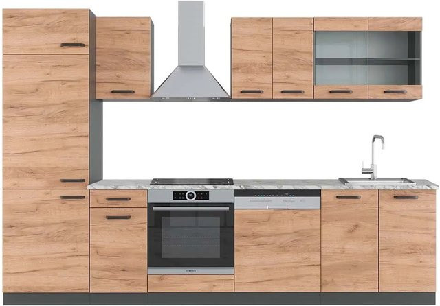 Vicco R-Line Küchenzeile Goldkraft Eiche Anthrazit mit Marmor Optik Breite: 300 cm, Höhe: 207 cm, Tiefe: 60 cm - Bild 1