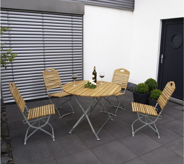 DEGAMO Kurgarten Gartenmöbel Garnitur BAD TÖLZ 5-teilig aus Robinie und verzinktem Flachstahl, braun, Tisch rund Durchmesser: 100 cm, inkl. 4 Stühle, klappbar - Bild 1