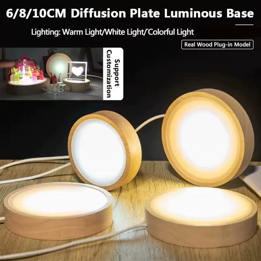 Runde LED Nachtlicht Basis aus Holz in Braun für Kristall- und Glas-Display mit USB-Anschluss - Bild 2